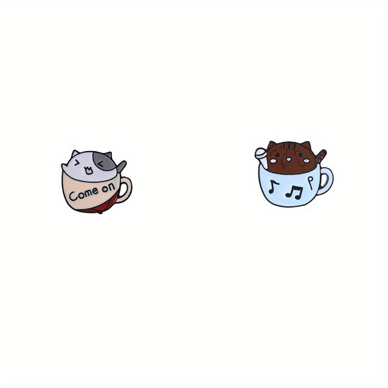 2pcs Cat & Coffee Cup Brooch Collar Pin Backpack Accessory