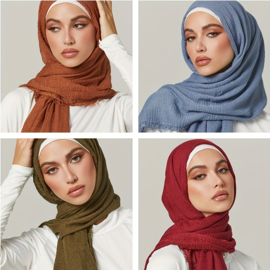 Solid Wrinkle Hijab Bandana Frayed Edge Shawl Head Wrap Scarf