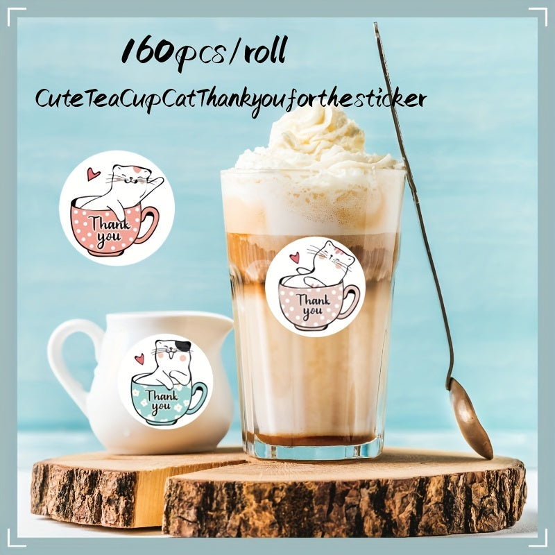 160pcs Coffee Cup Cat Thank You Stickers Office Stationery Gift Label Sealing