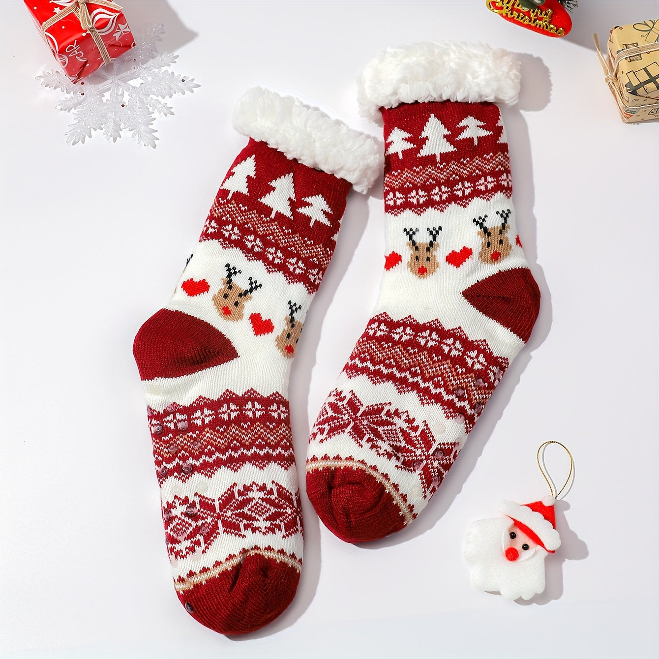 6 Pairs Christmas Print Socks Plush Lined Stockings & Hosiery