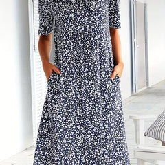  Floral Print Short Sleeve Round Neck Dress With Pockets