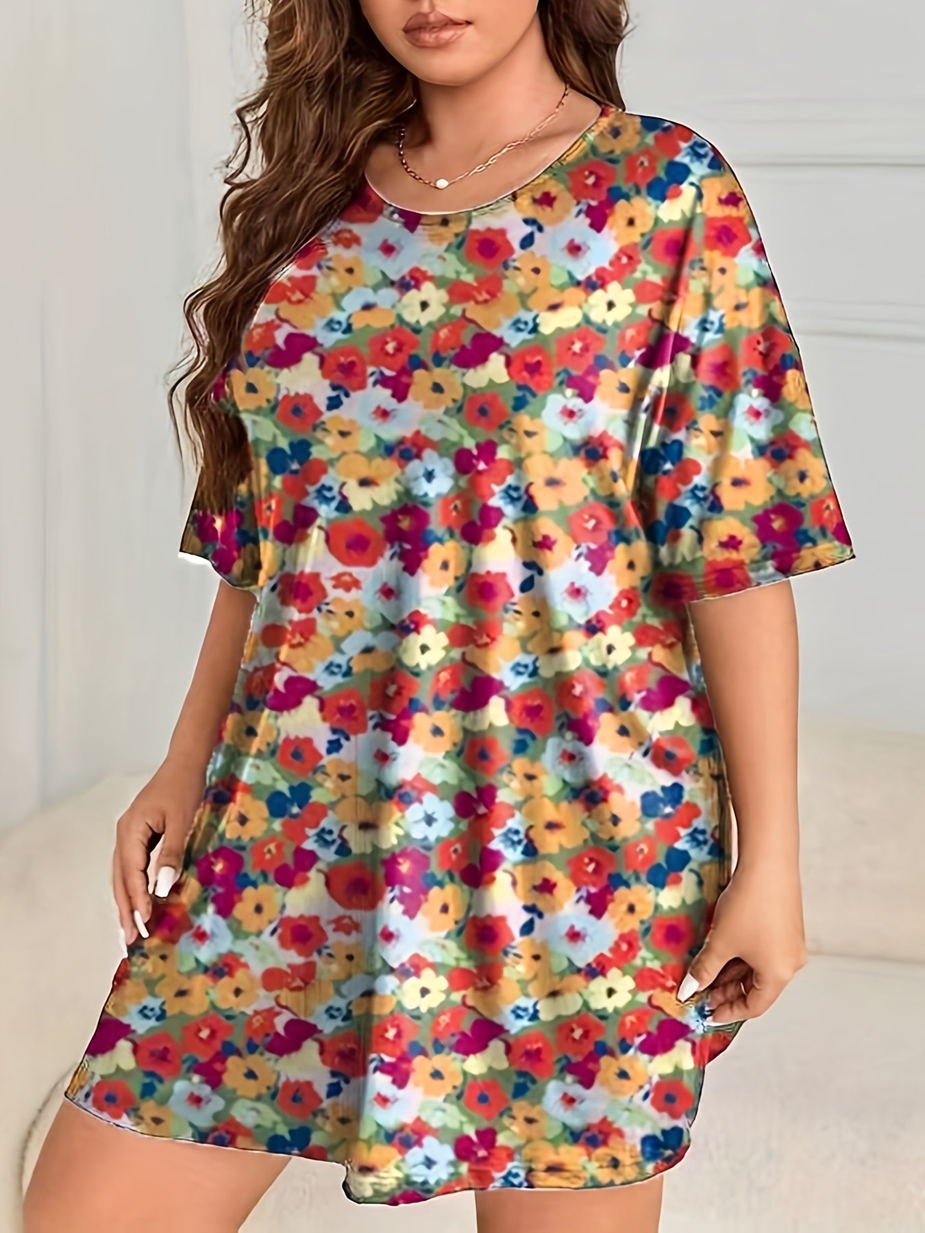  Floral Print Short Sleeve Sleep Dress