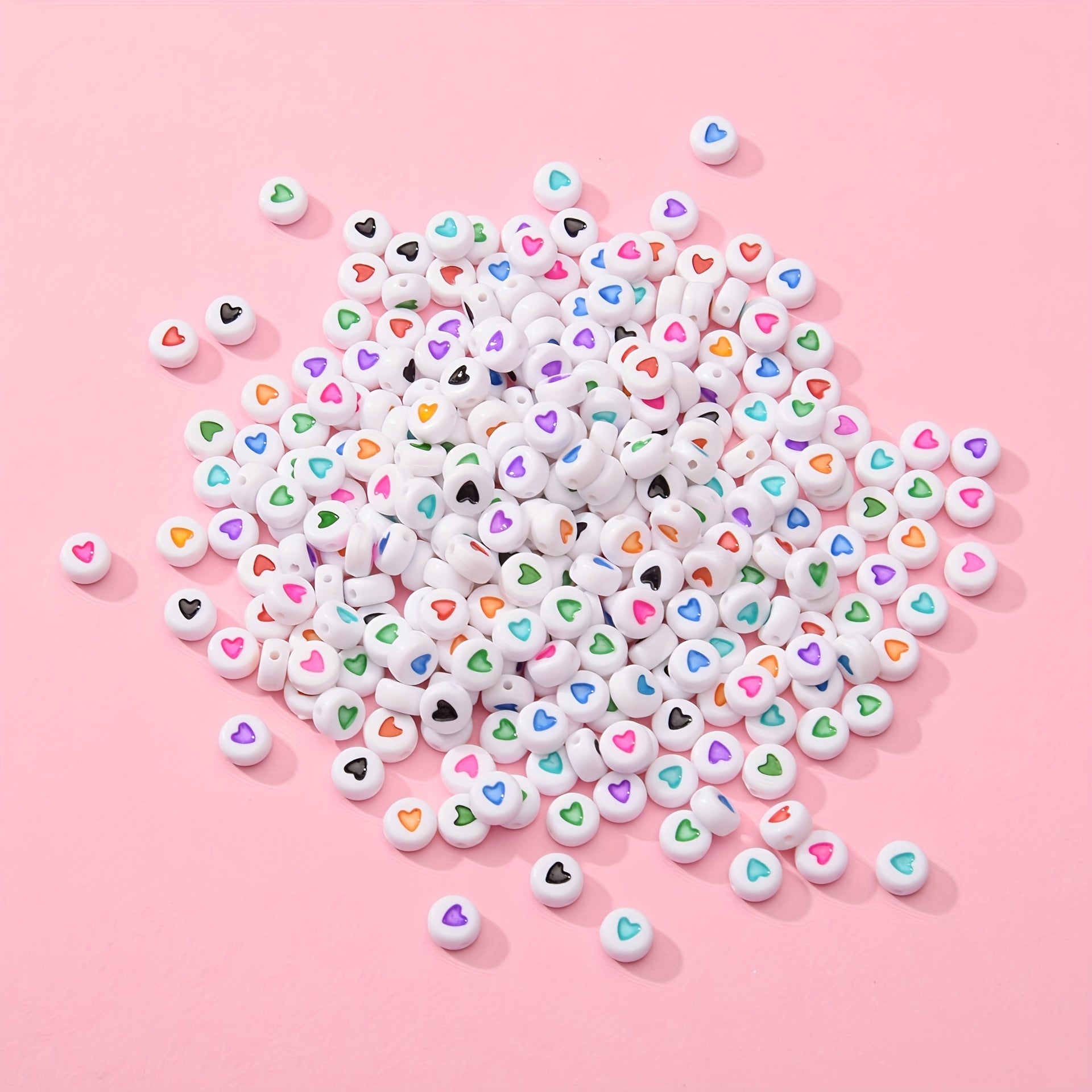100pcs Heart Pattern Acrylic Flat Round Beads for Jewelry Making