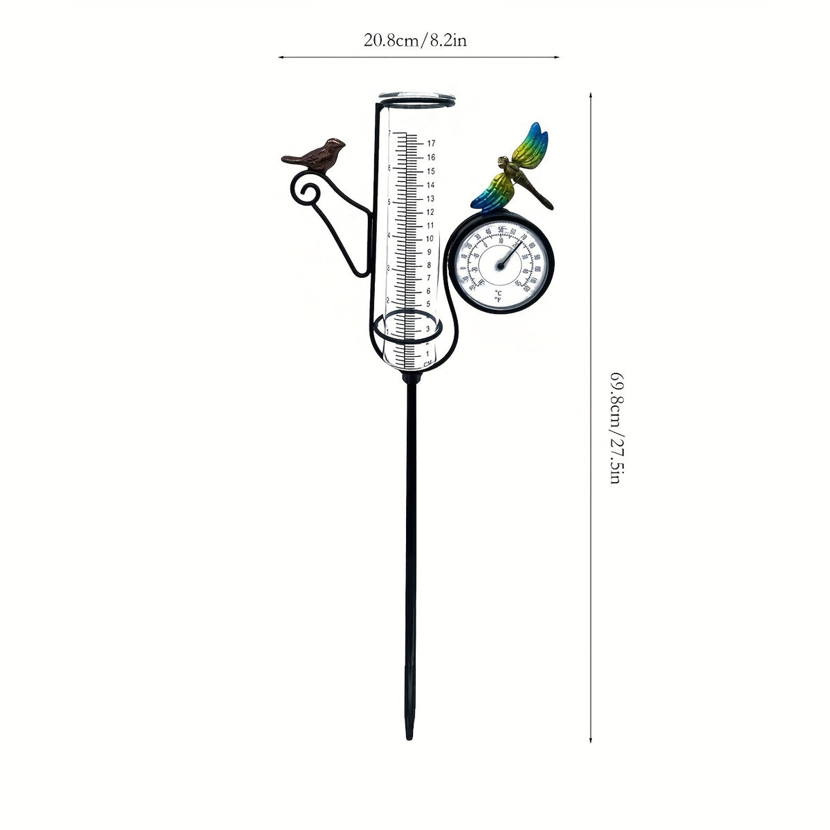 Outdoor Bird & Dragonfly Art Rain Gauge with Thermometer, 68cm Metal Frame