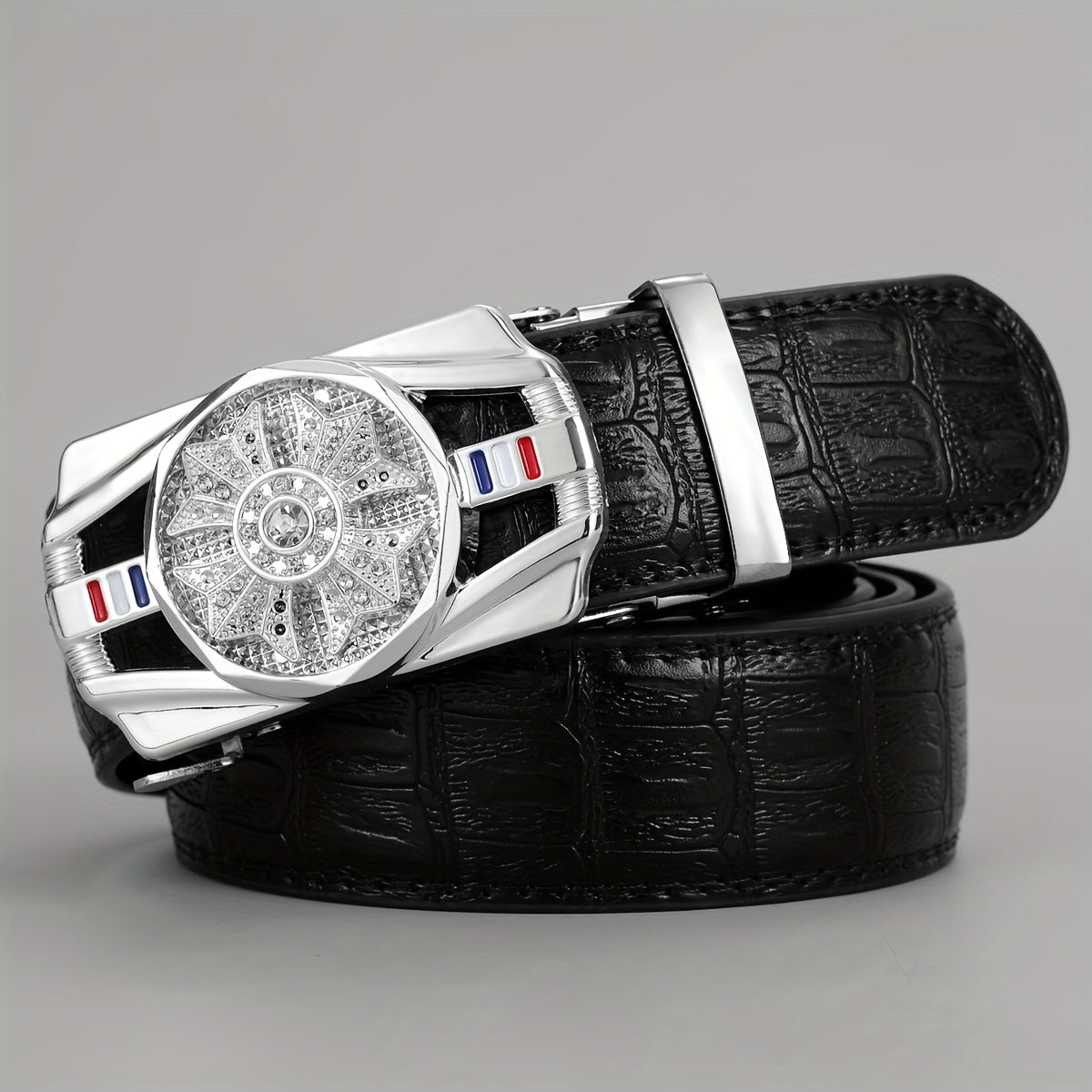 Men's PU Leather Automatic Buckle Belt with Flower Decor
