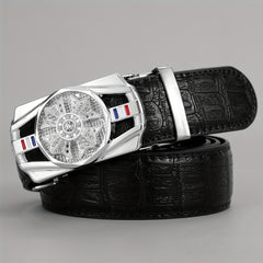Men's PU Leather Automatic Buckle Belt with Flower Decor