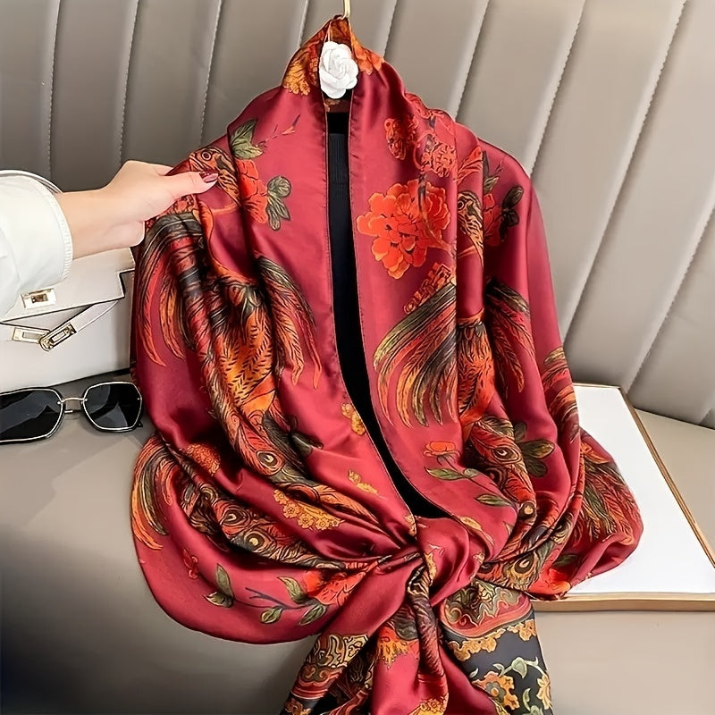 Red Peacock Print Silk Long Scarf Vintage Large Shawl