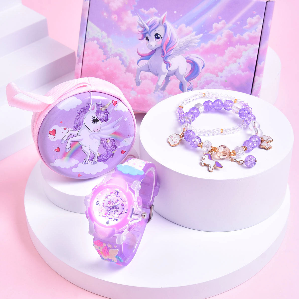 Girls' Magical Watch Set with Glowing Quartz Movement & Heart Charms