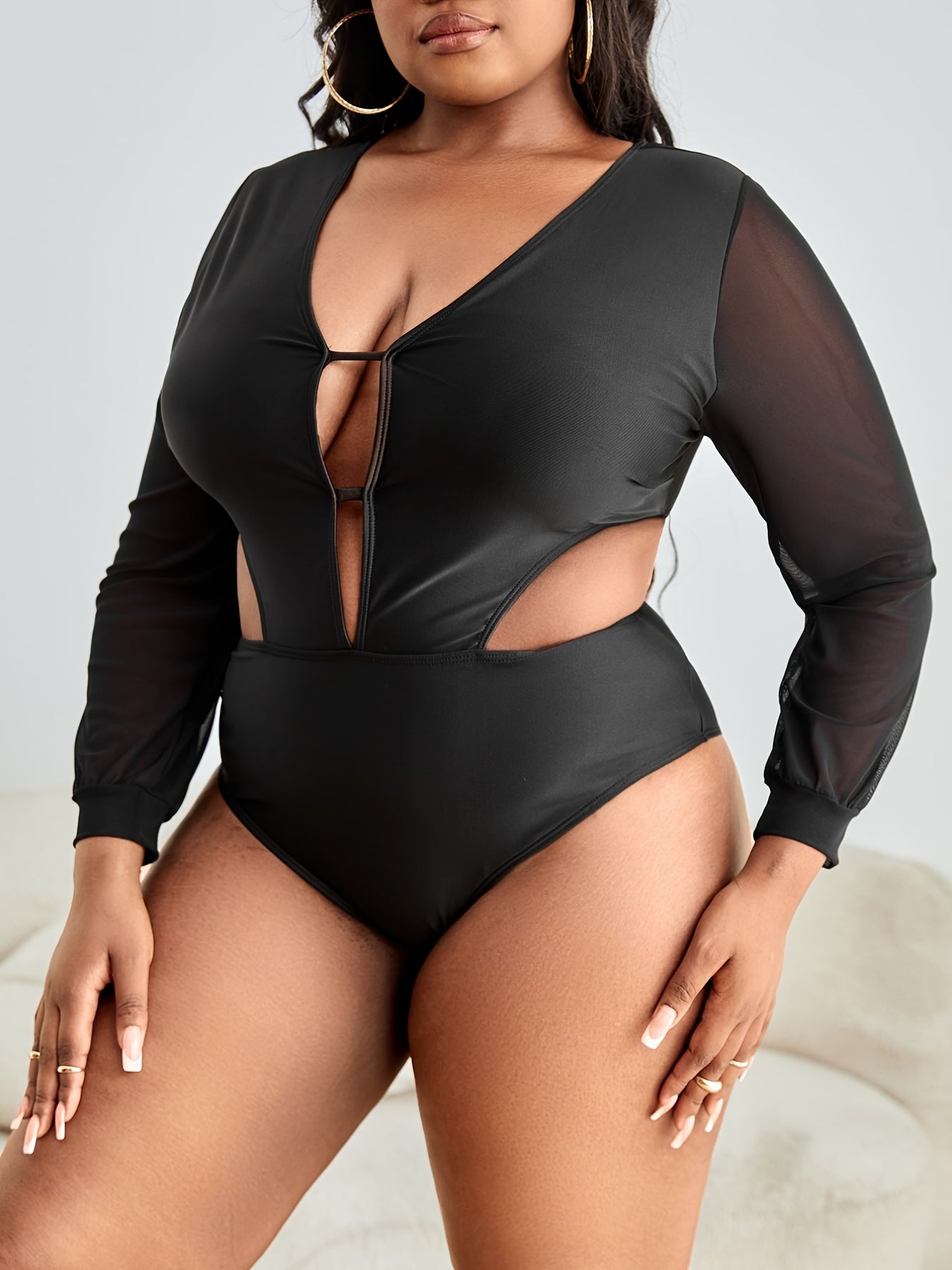  Sexy One Piece Swimsuit Women's Plus Contrast Mesh Cut Out