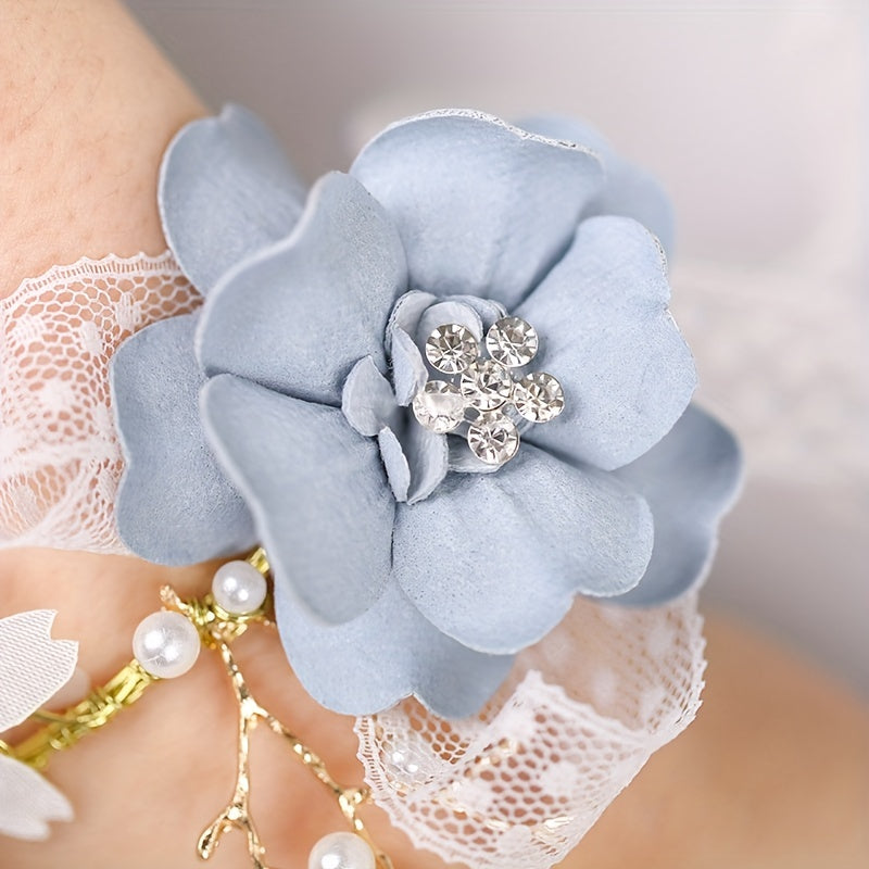 Bridal Flower Wrist Band Bridesmaid Faux Pearl Dressing Accessories
