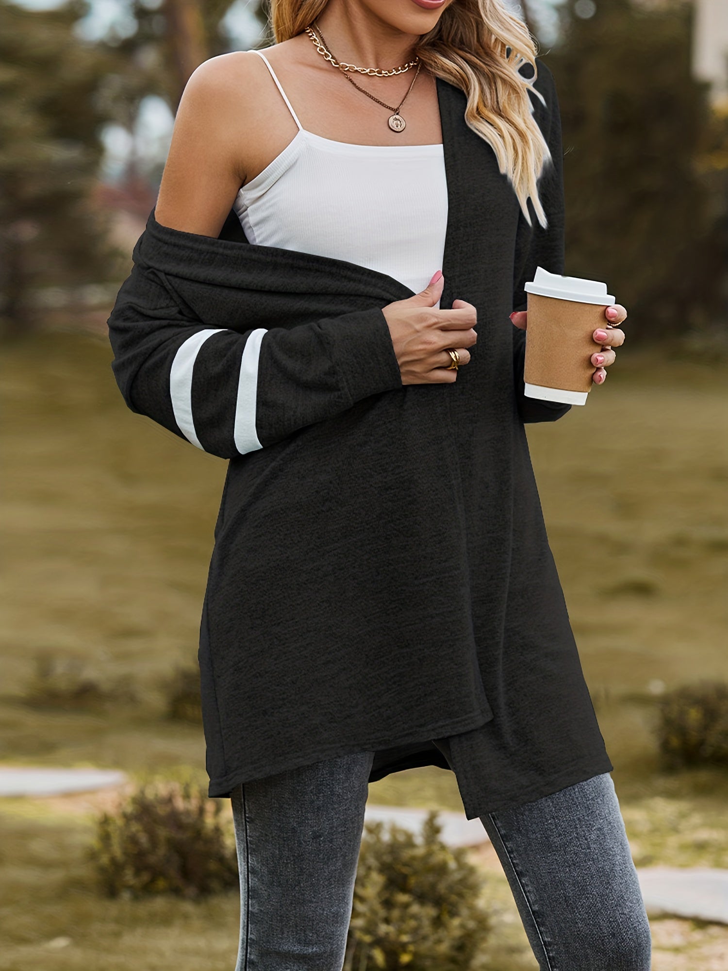  Stripe Print Long Sleeve Open Front Longline Cardigan