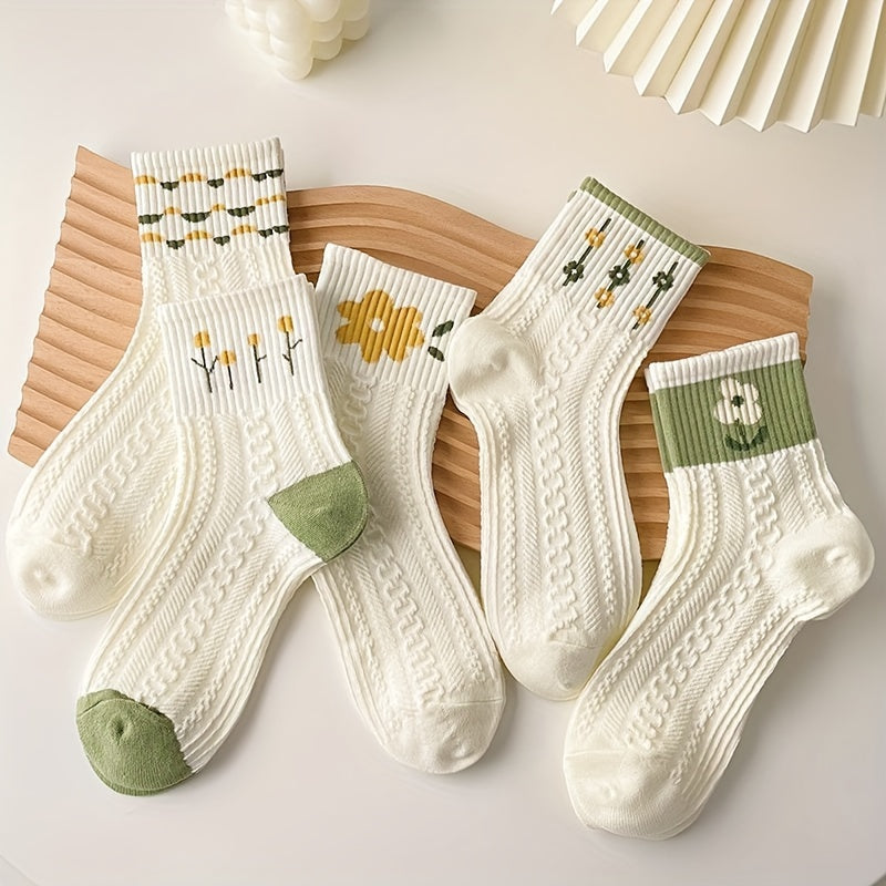 5 Pairs Cartoon Print Socks Comfy & Mid Tube Women's Stockings