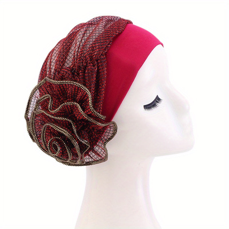 Ruffles Flower Glitter Turban Cap Solid Bonnet Head Wrap Head Scarf