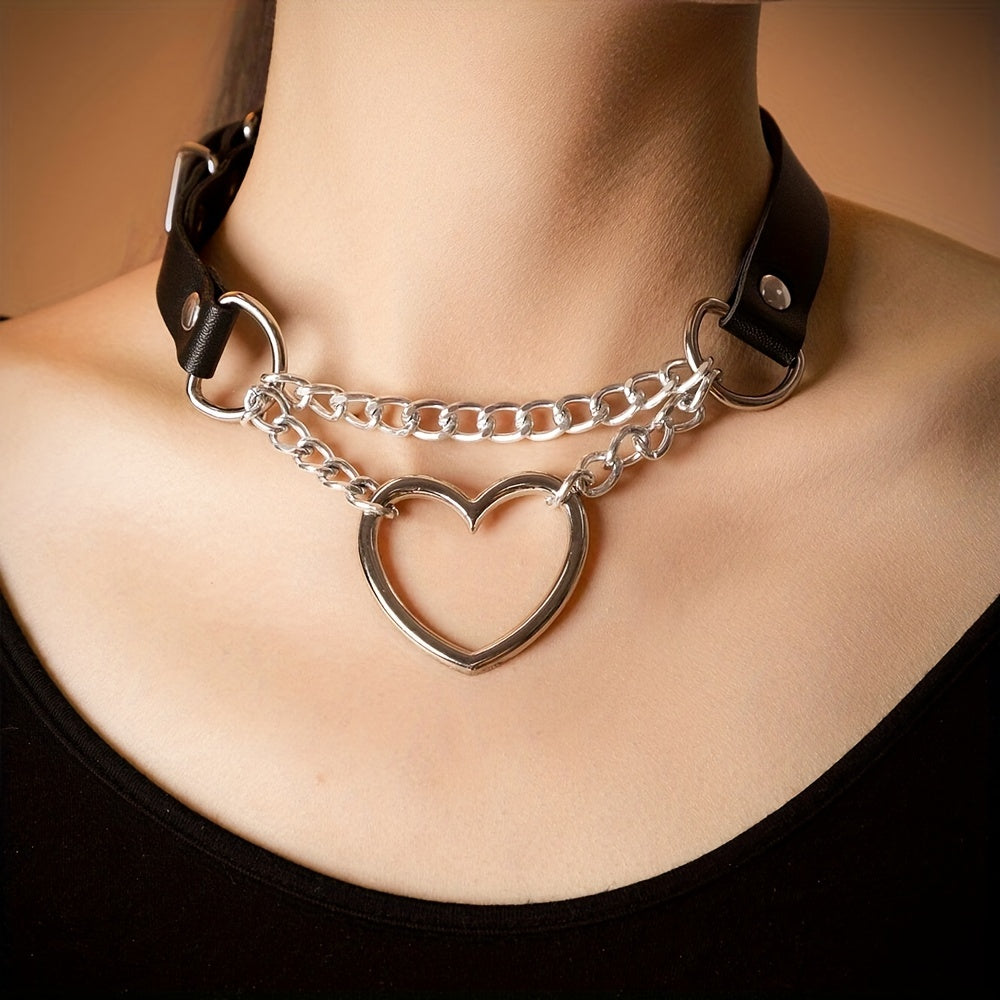 Sexy Punk Heart Ring Chain Choker Leather Collar