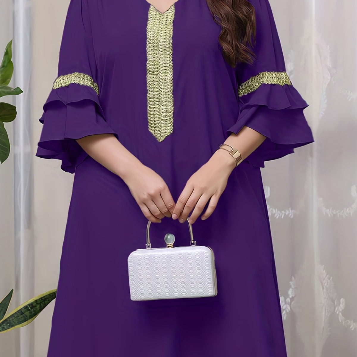 Abaya Dress Women's Plus Contrast Lace Panel Layered Sleeve V Neck Jal