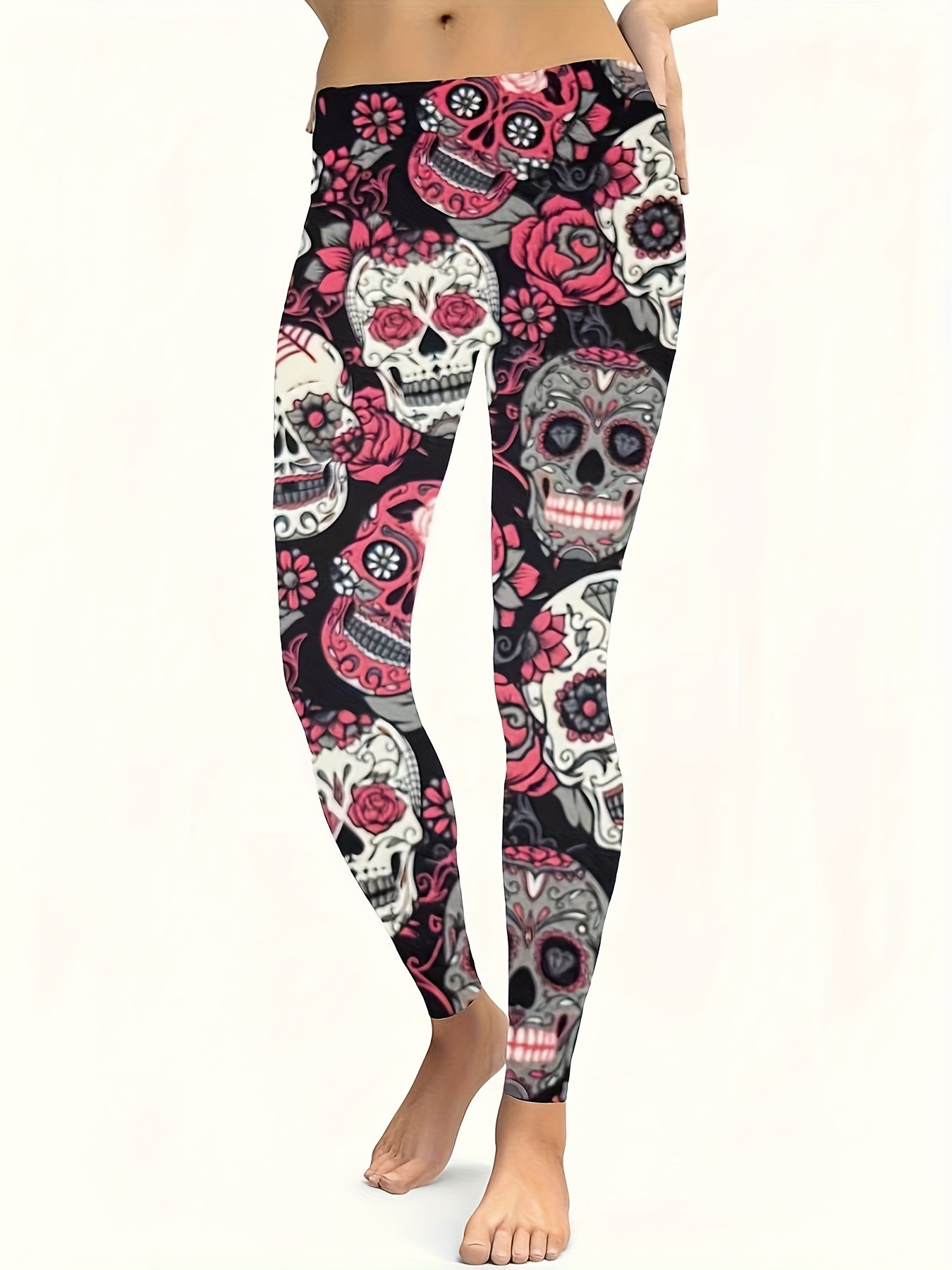  Halloween Sports Leggings Women's Plus Floral Skull Print High Waist