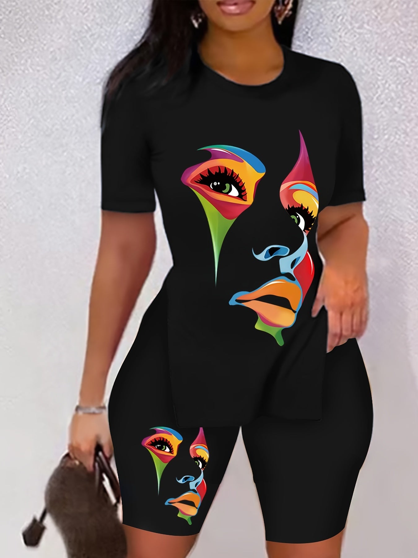 Graphic Print Two piece Set Crew Neck Side Split Casual T Shirt & Shorts