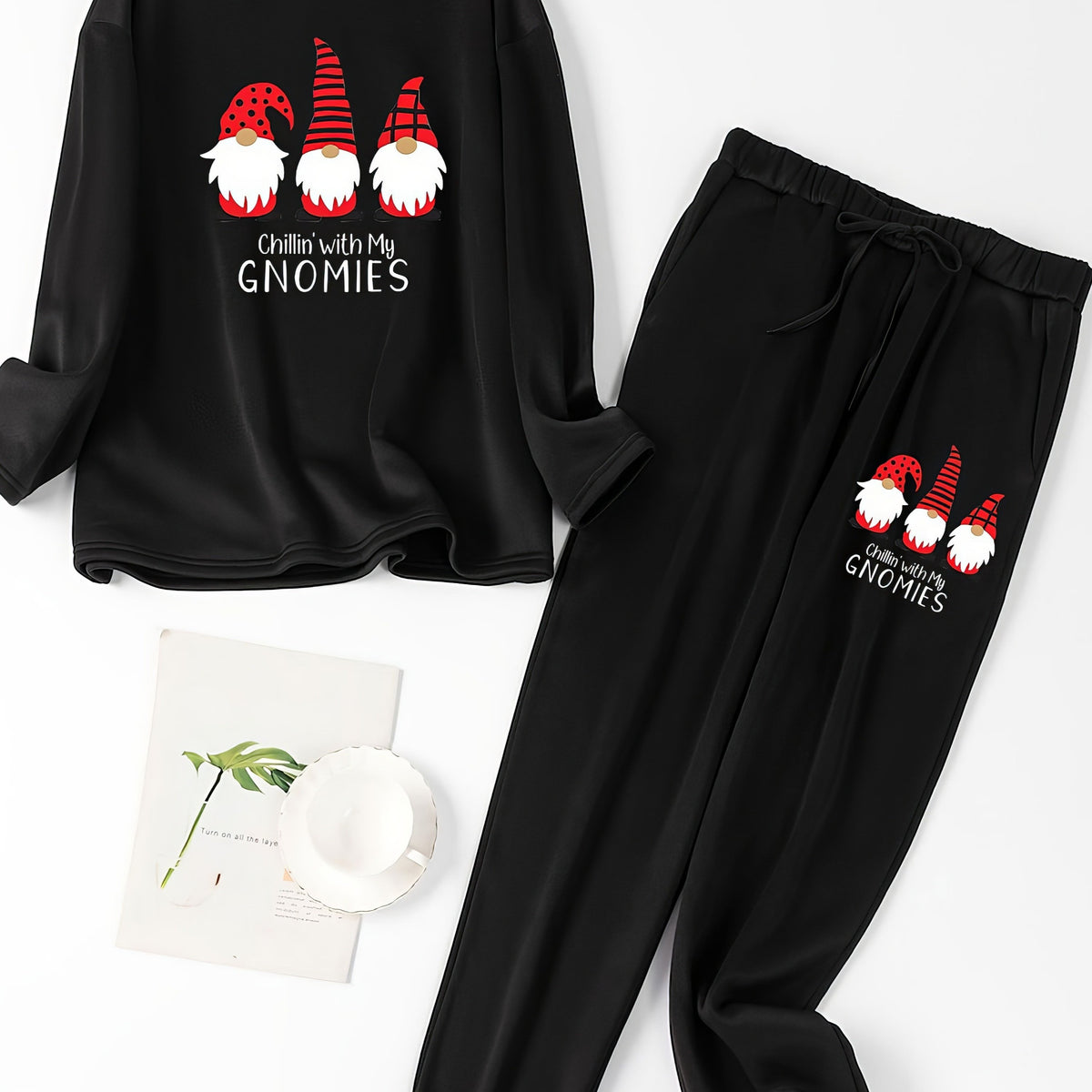  Christmas Lounge Set Gnomes & Letter Print Tee & Joggers Pajamas