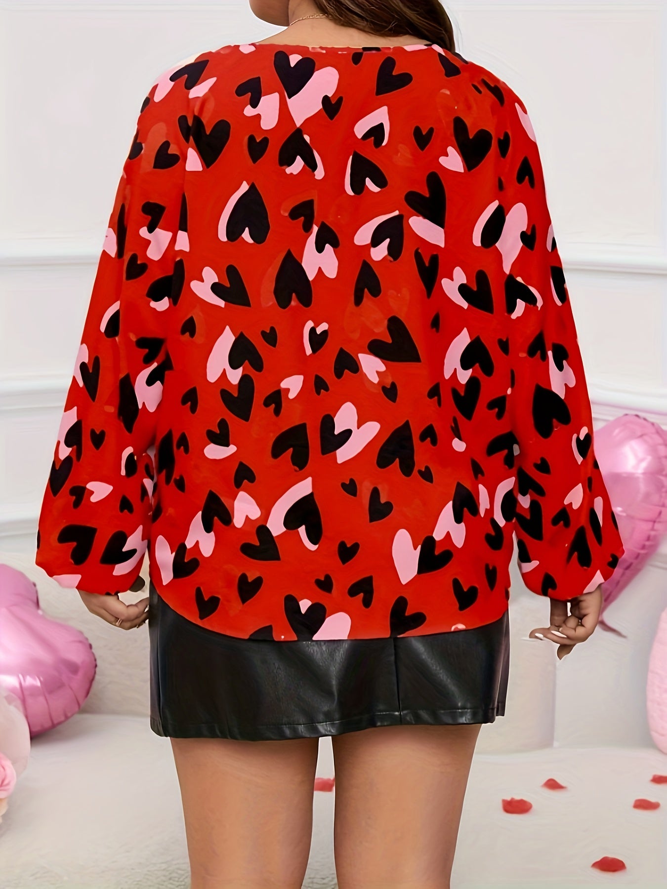  Heart Print Lantern Sleeve V Neck Blouse