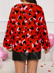  Heart Print Lantern Sleeve V Neck Blouse