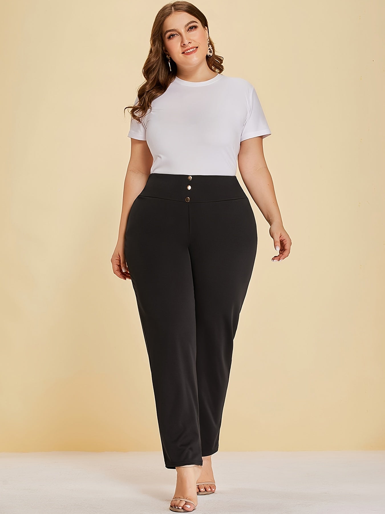  High Rise Button Decor Stretch Pants