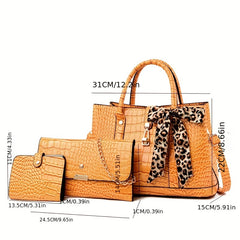 3 Pcs Crocodile Embossed Bag Set Tote Shoulder Clutch Card Case