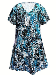  Casual Dress Women's Plus Random Print V Neck Medium Stretch Dress