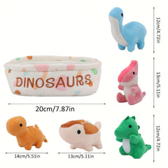 6pcs Whimsical Plush Toy Basket Set Capybara Cat Dinosaur Axolotl & Fruit