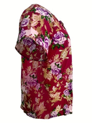  Floral Print Short Sleeve V Neck Bow Knot Blouse
