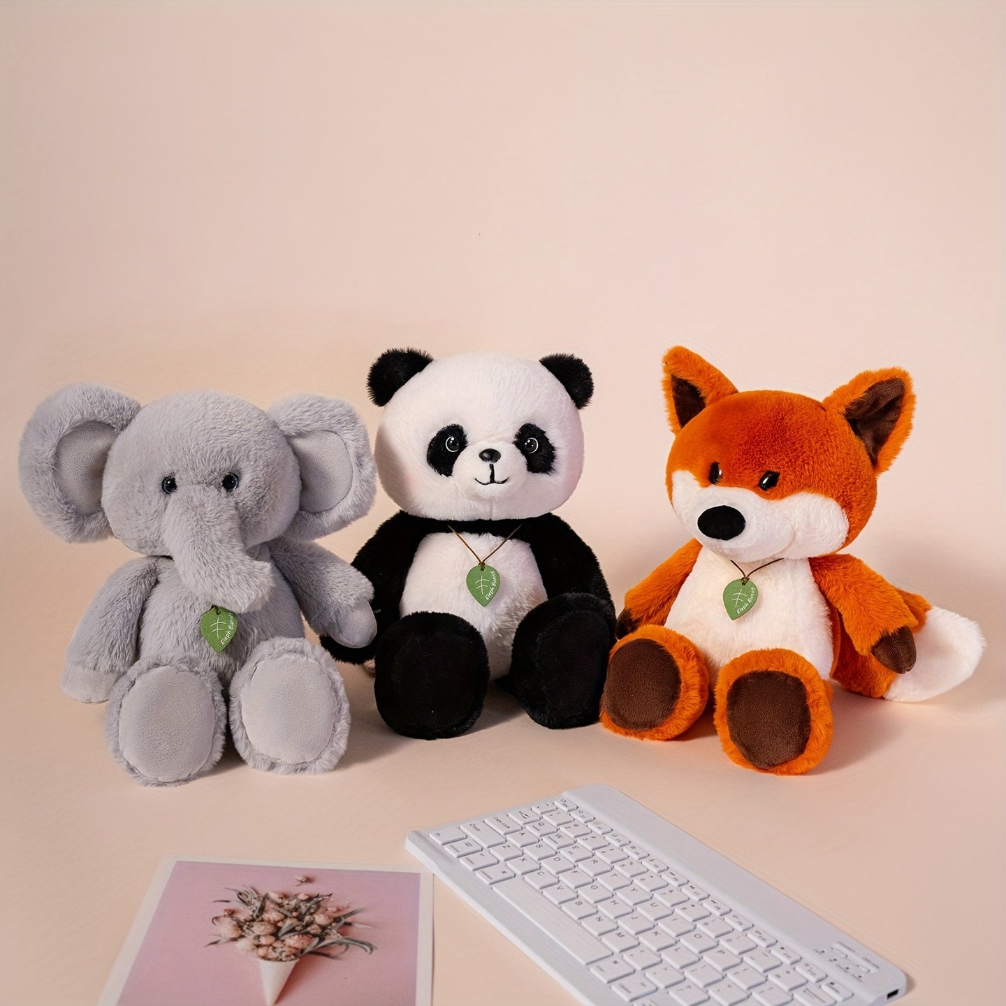 Plush Toy Set Panda Fox & Elephant Stuffed Animals Green Hearts Soft Polyester