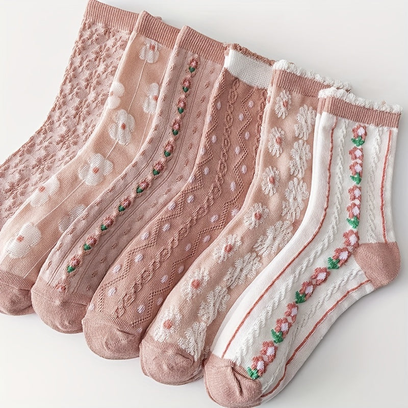 6 Pairs Floral Print Socks Sweet & 3D Textured Mid Tube Socks Women's Stockings