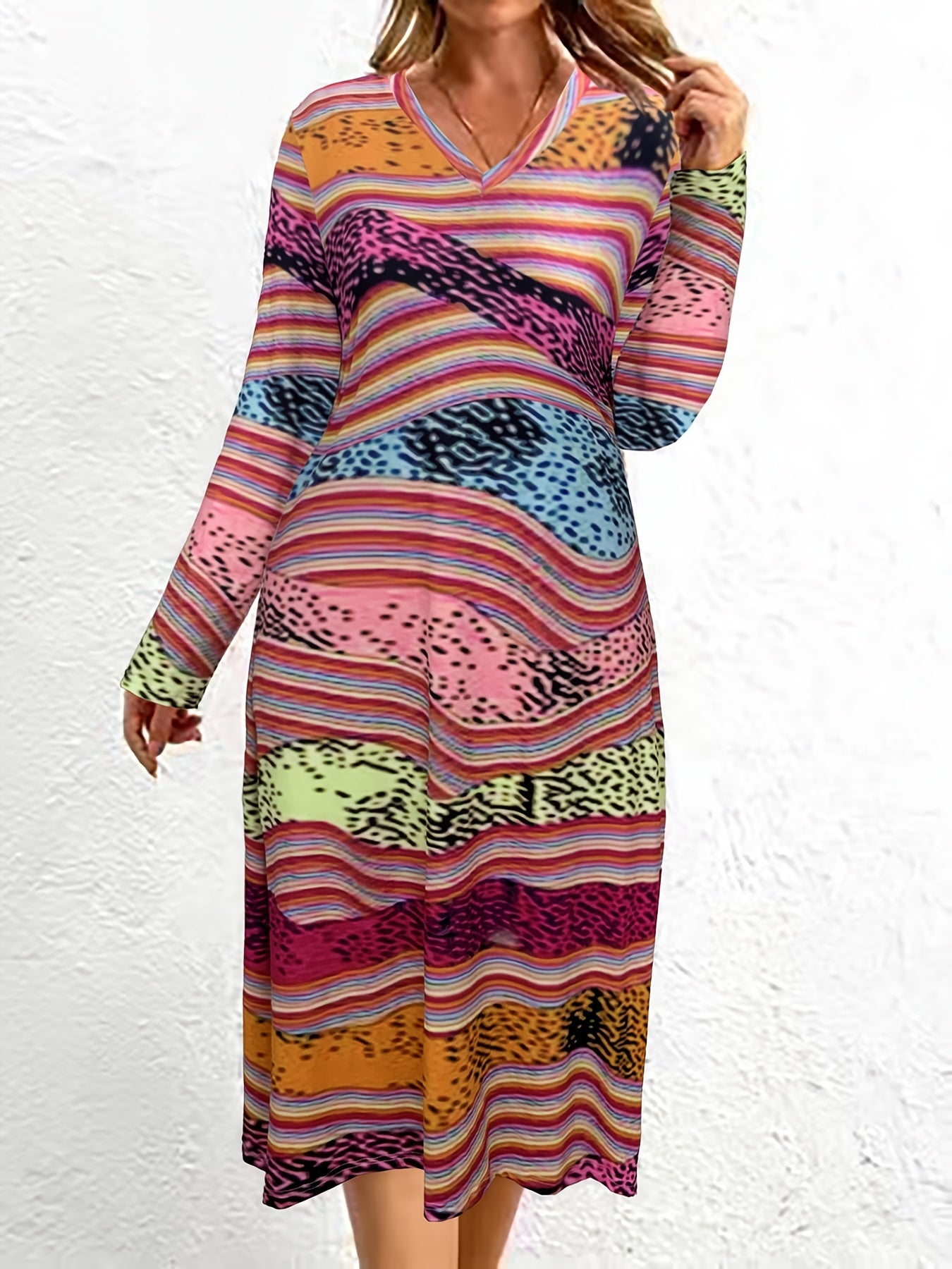  Colorblock Stripe Print V Neck Maxi Dress