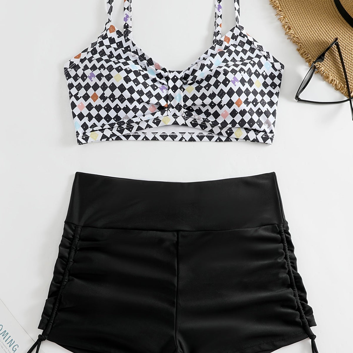  Checkered Print Bikini Set V Neck Ruched Bra & Lace Up Shorts Swimsuit