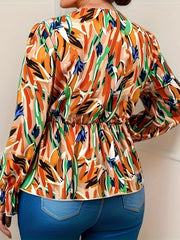  Casual Blouse Women's Plus Allover Print Lace Up Lantern Sleeve