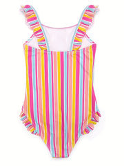 Toddler Rainbow Striped Ruffle One Piece Swimsuit