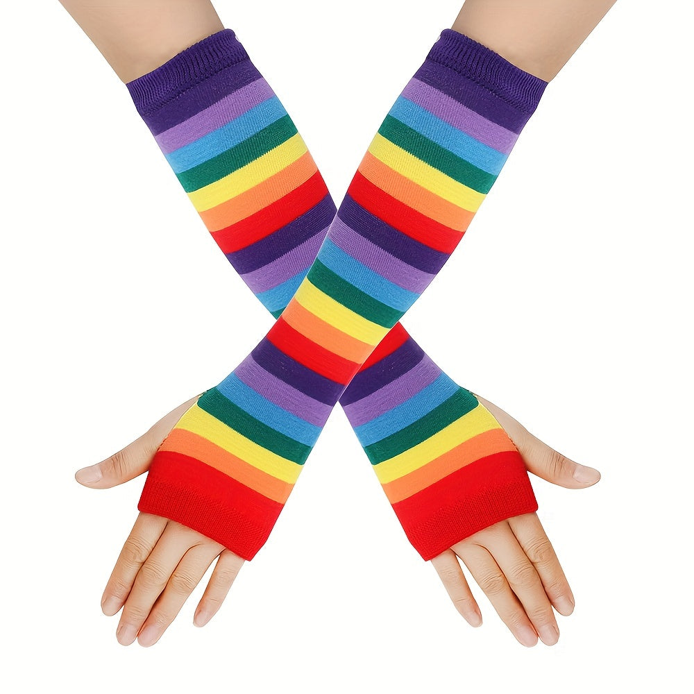 Rainbow Knitted Fingerless Gloves for Winter Outdoor Activities