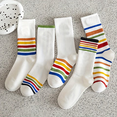 5 Pairs Rainbow Striped Socks Comfy & Mid Tube Women's Stockings Hosiery