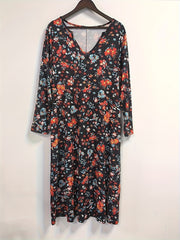 Floral Print Long Sleeve Notched Neck Plus Size Casual Dress