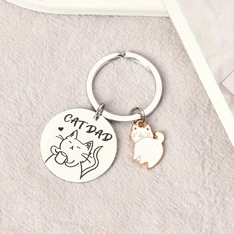Cat Pattern Keychain Stainless Steel Round Key Chain