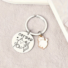 Cat Pattern Keychain Stainless Steel Round Key Chain