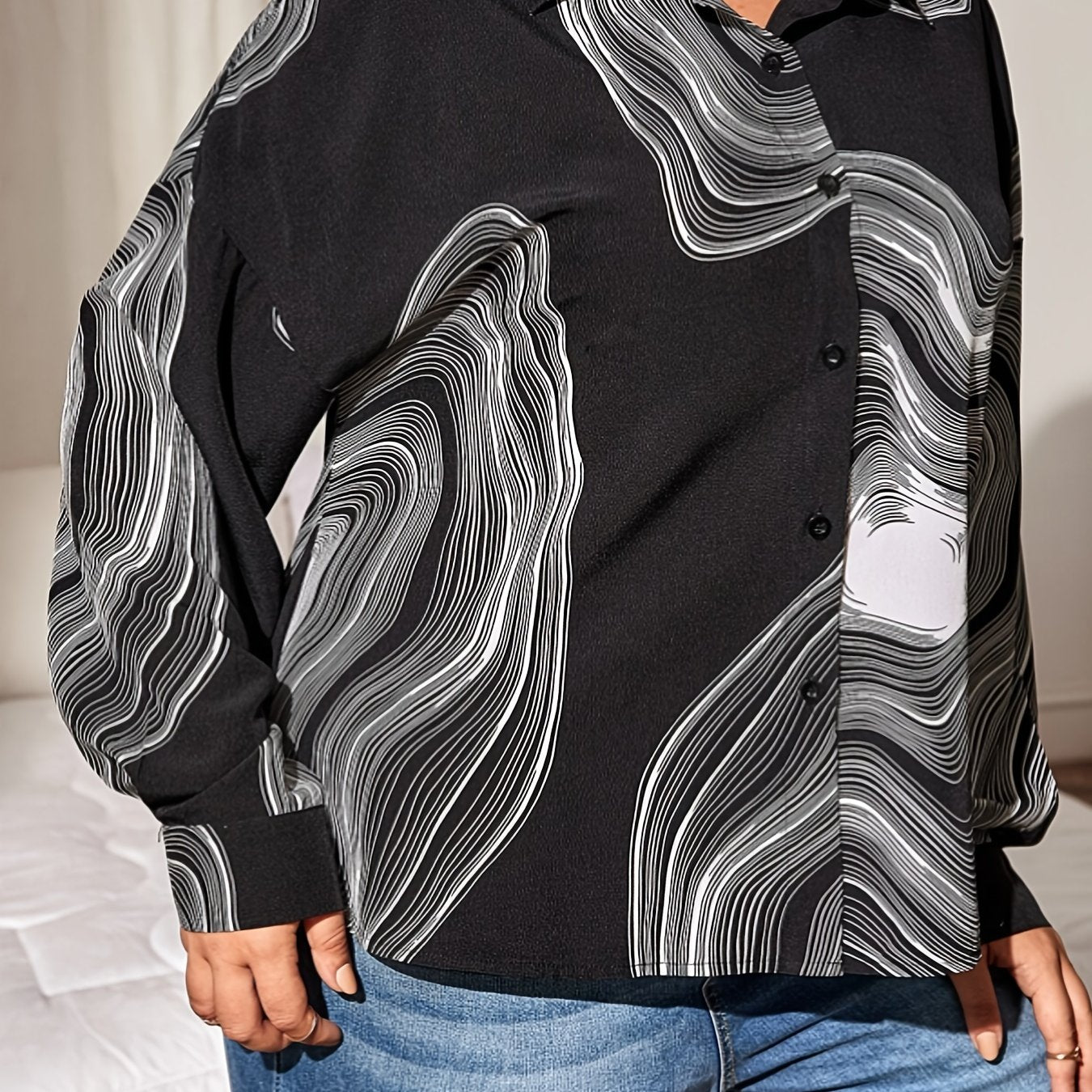 Retro Blouse Women's Plus Abstract Stripe Print Long Sleeve