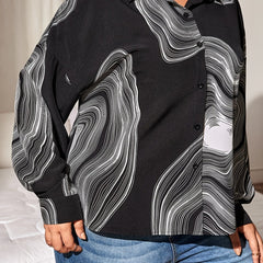  Retro Blouse Women's Plus Abstract Stripe Print Long Sleeve