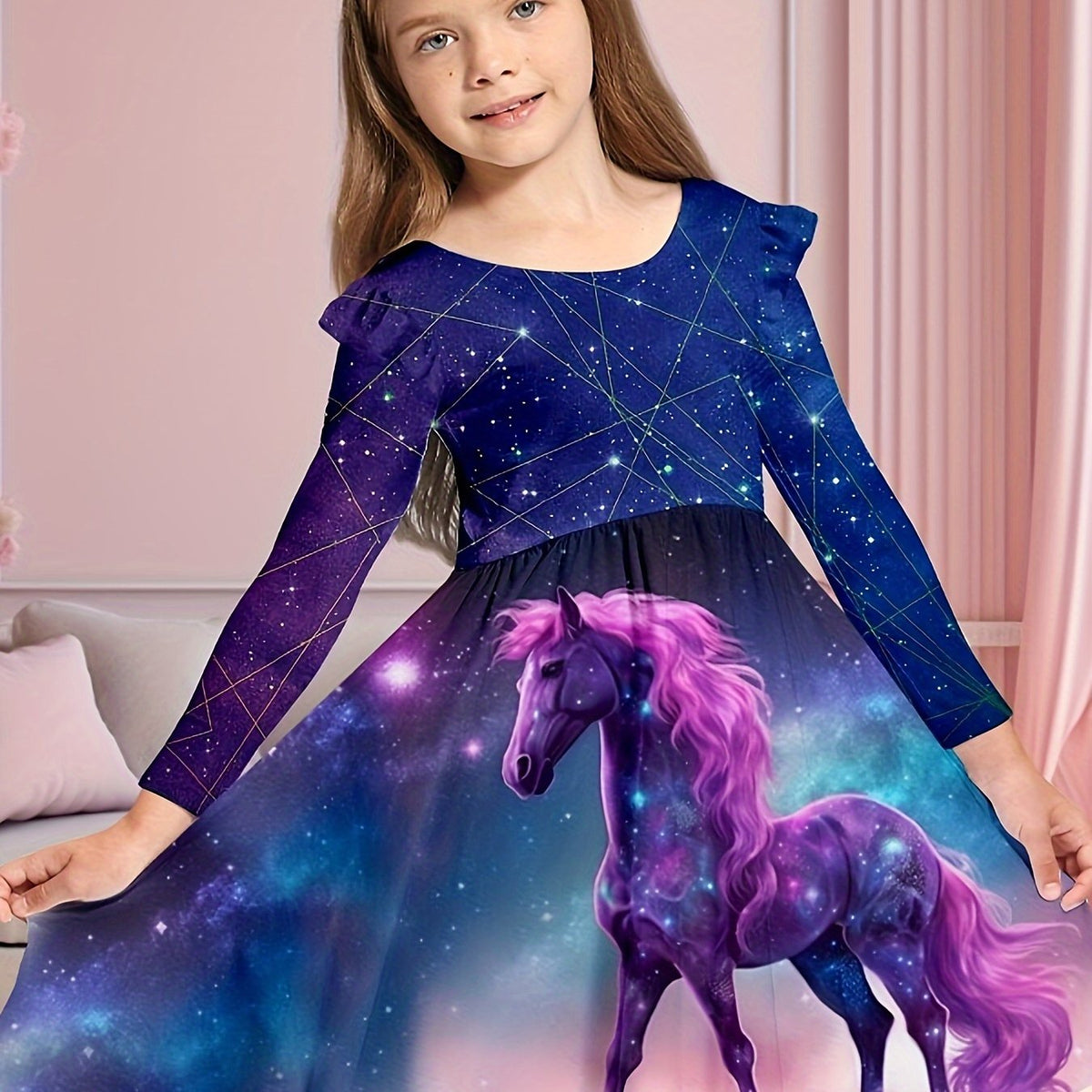 Unicorn Starry Sky Dress with Flutter Trim