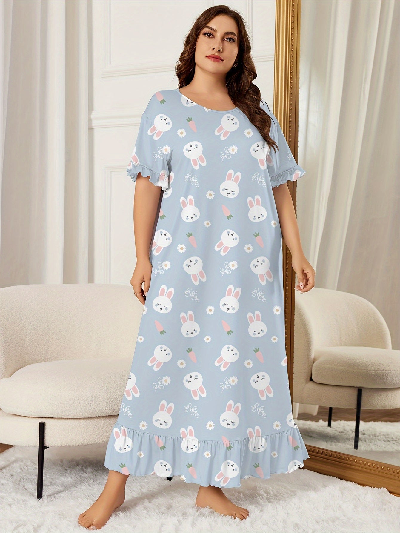  Nightdress Women's Plus Rabbit Print Ruffle Maxi Sleep Dress