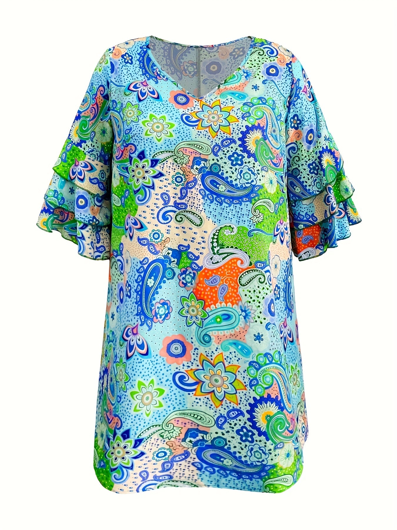  Boho Dress Women's Paisley Floral Print Bell Sleeve Mini Dress