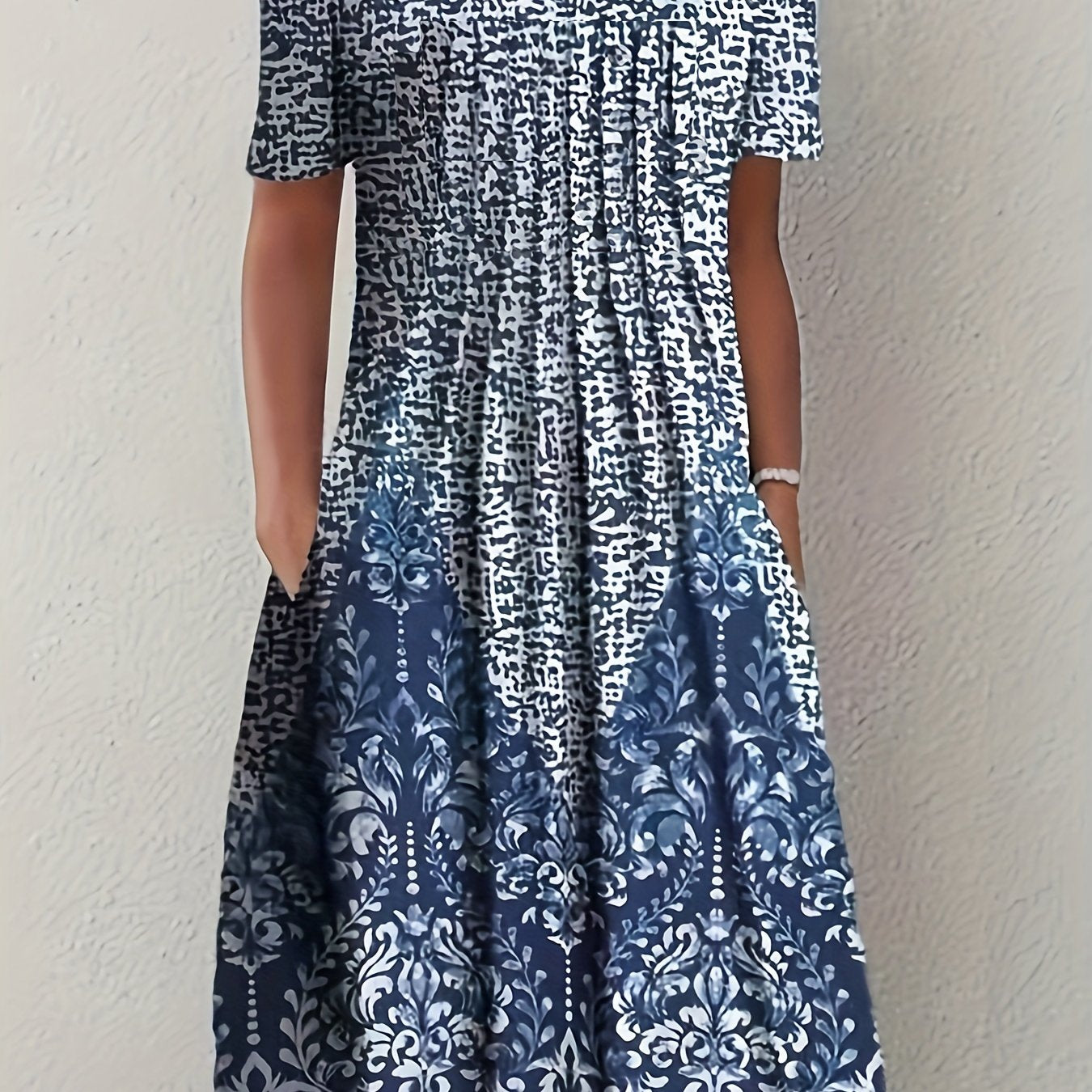  Colorblock Damask Print Short Sleeve Round Neck Dress