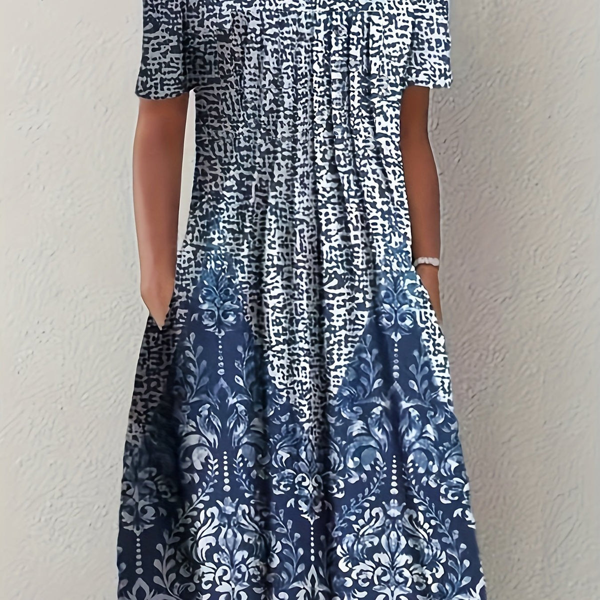  Colorblock Damask Print Short Sleeve Round Neck Dress
