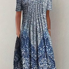  Colorblock Damask Print Short Sleeve Round Neck Dress