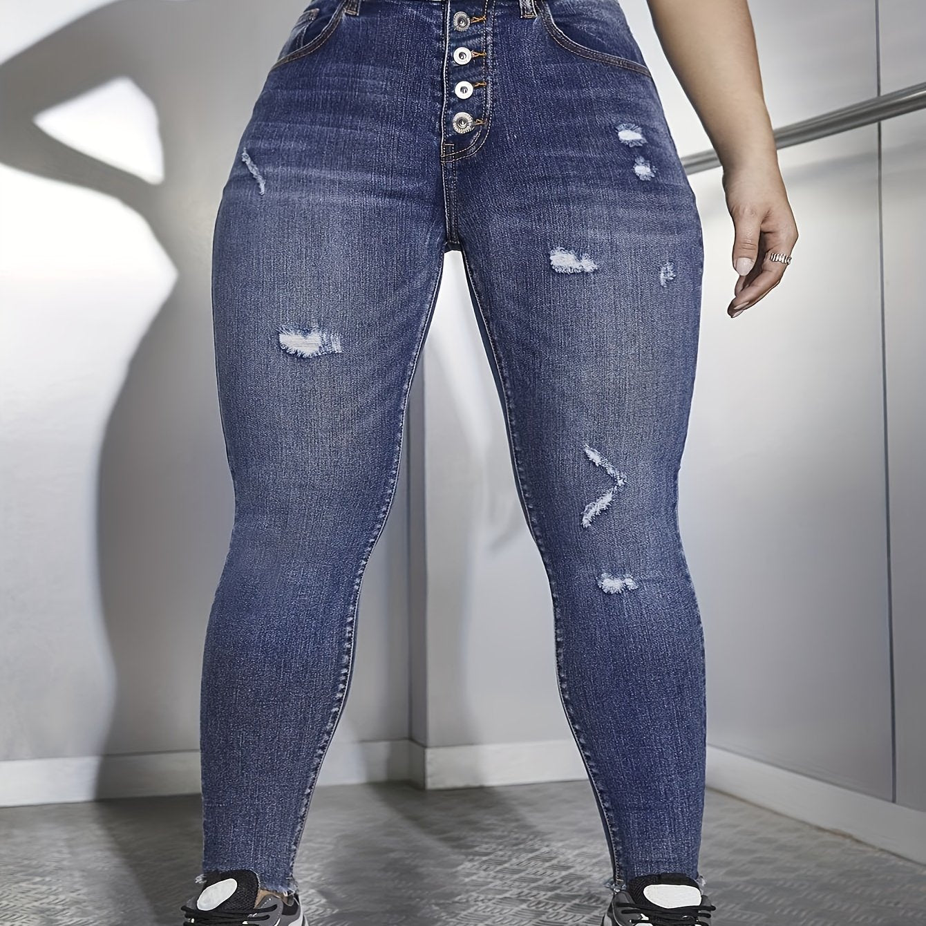  Washed Ripped Fringe Trim Skinny Jeans