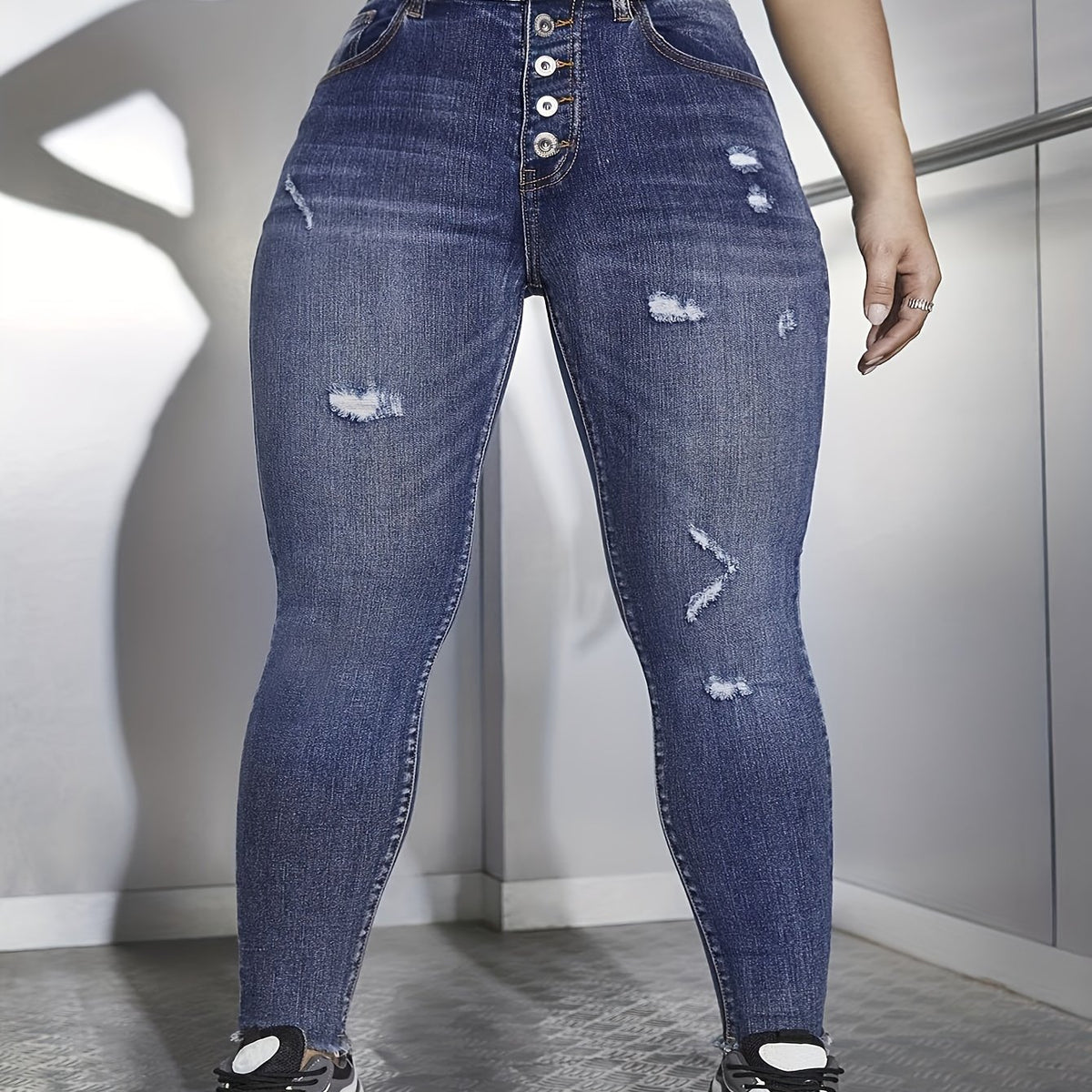  Washed Ripped Fringe Trim Skinny Jeans